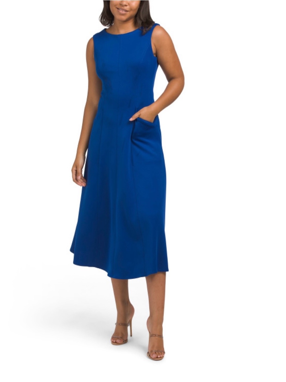 Blue A-Line Sleeveless Midi Dress with Pockets